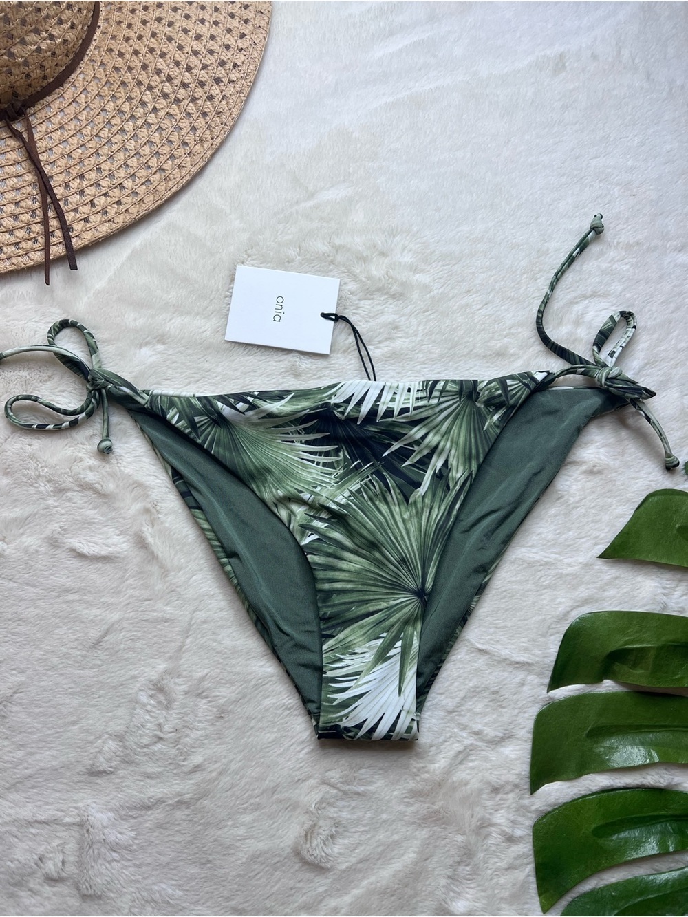 Onia Palm Leaf Tie Side Bikini Bottoms Green Tropical Size L NWT